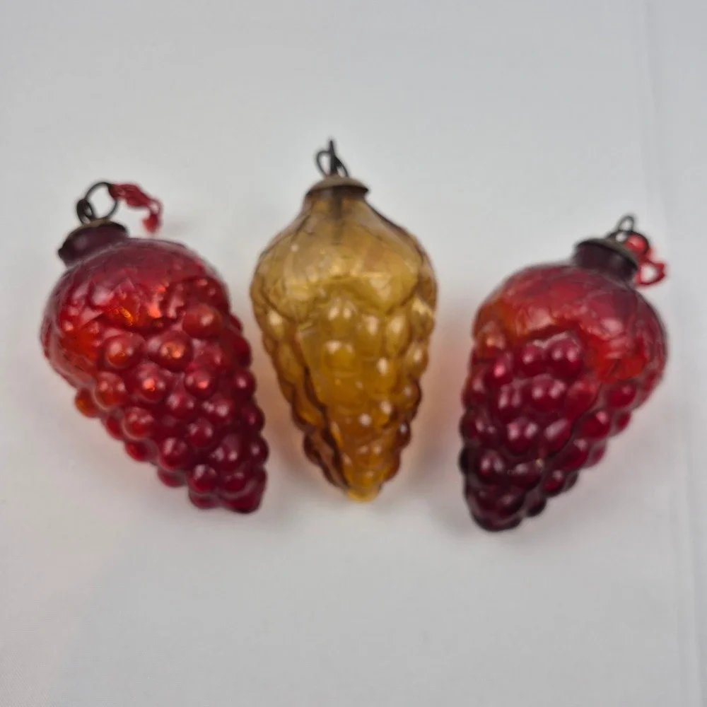 Vtg Glass Christmas‎ Ornament Lot 6pc Grapes Heart Ball + Lenox Holly 1990s